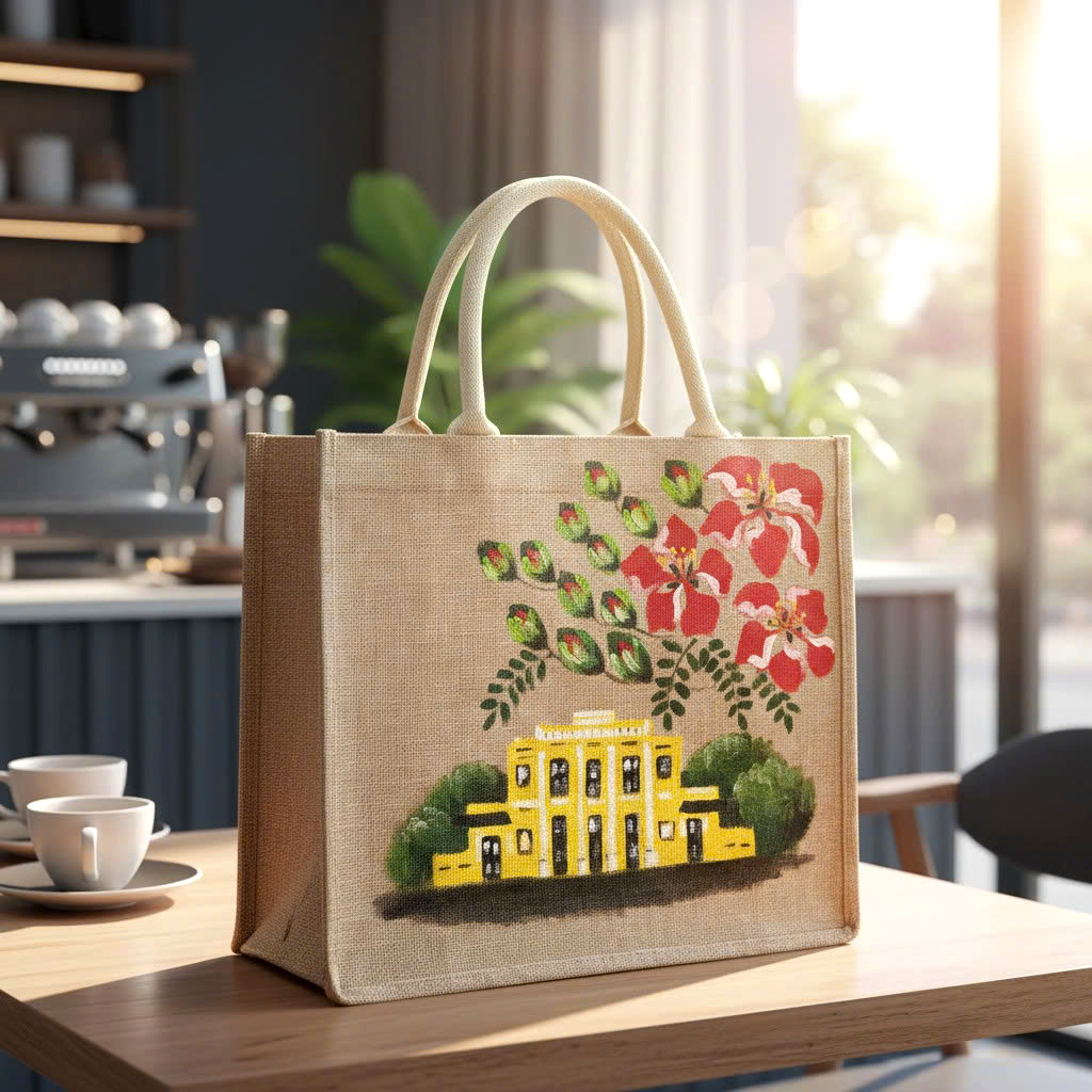 Túi đay vẽ tay nhà hát lớn Hải Phòng 35x30x14cm